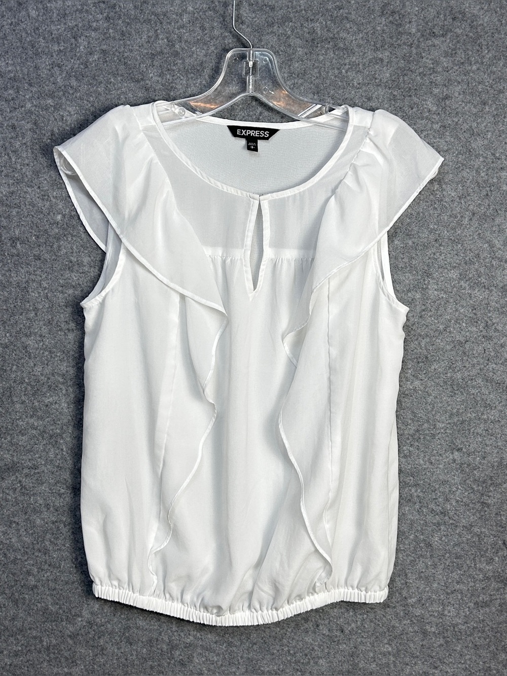 Express Women’s S White Sleeveless Ruffle Blouse Bubble Hem Feminine Flowy Chic